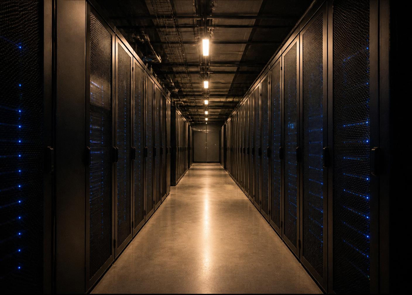 A long aisle of matte black server racks with blue status indicator lights receding into the distance
