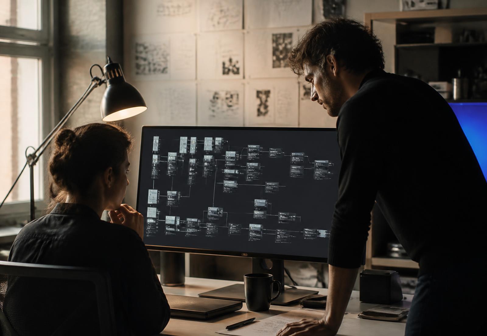 Two software engineers reviewing a system architecture diagram displayed on a large monitor in a daylit studio