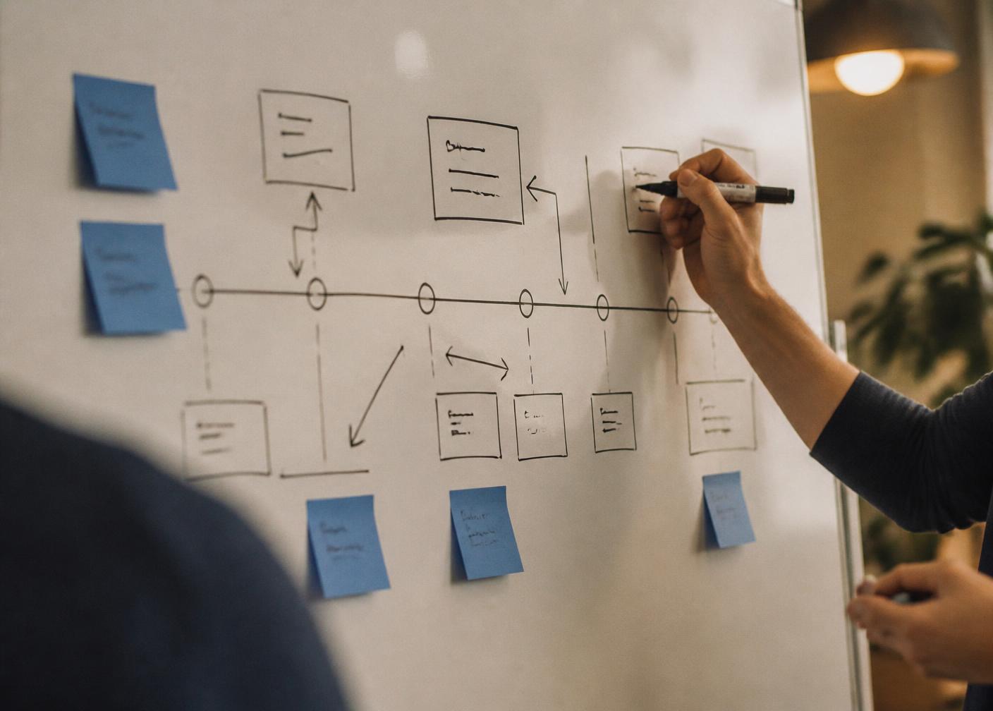 A person drawing a project delivery timeline in black marker on a whiteboard covered with blue sticky notes